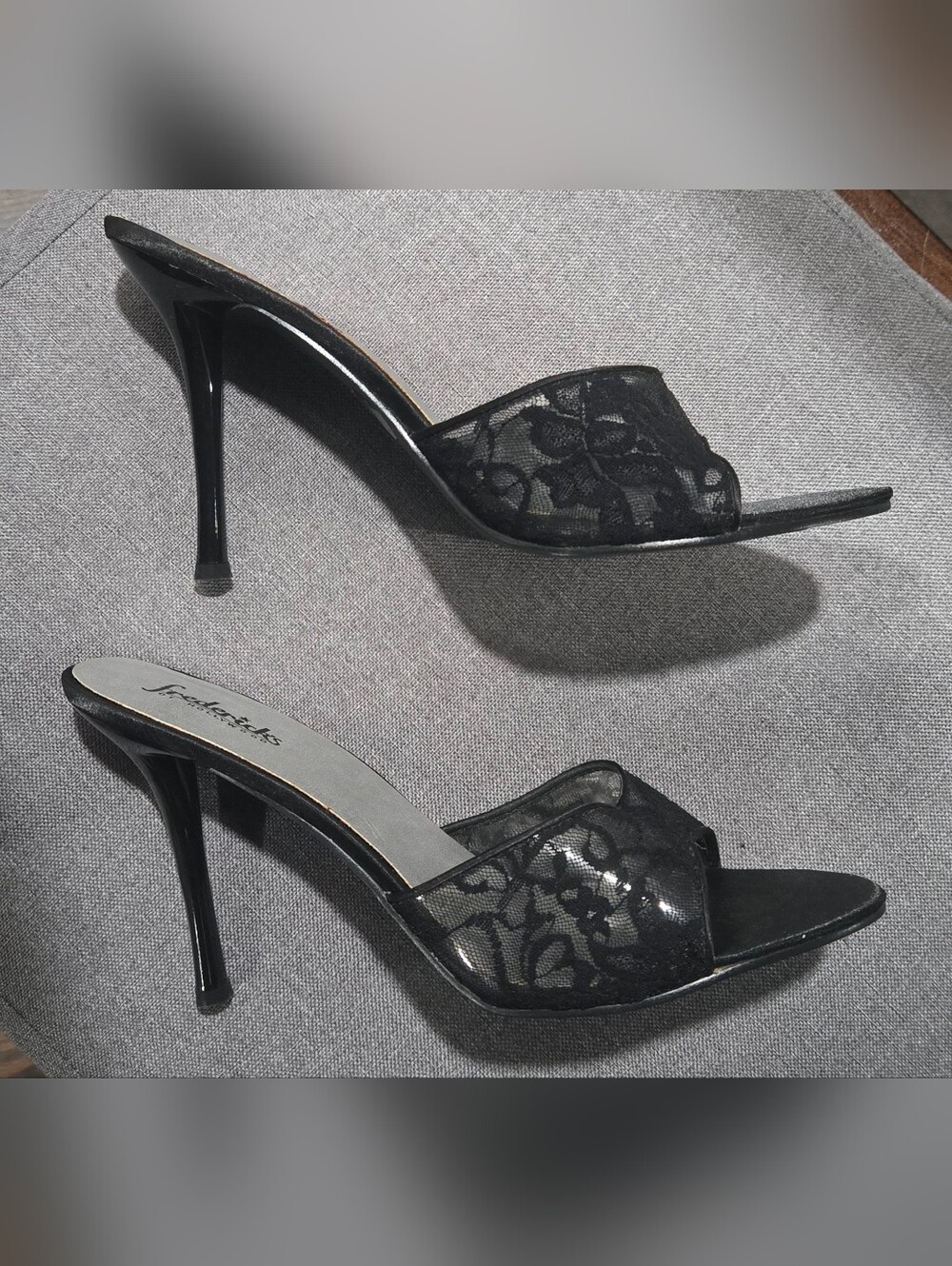 Frederick's of Hollywood Black Open-Toe Slide Heels - Picture 2 of 8